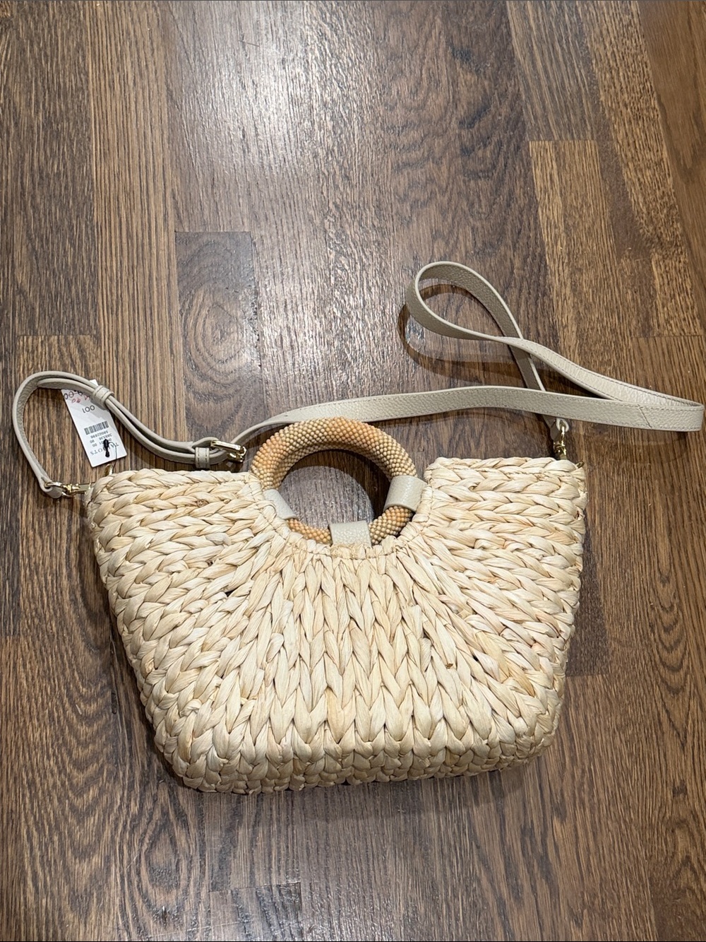 Women’s Woven Straw Crossbody Bag with Ring Handle - Beige